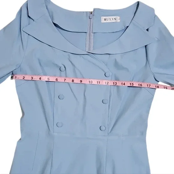 MUXXN Women’s XL Blue Retro Cocktail Dress Double Breasted 60s Vintage Style - Picture 6 of 7